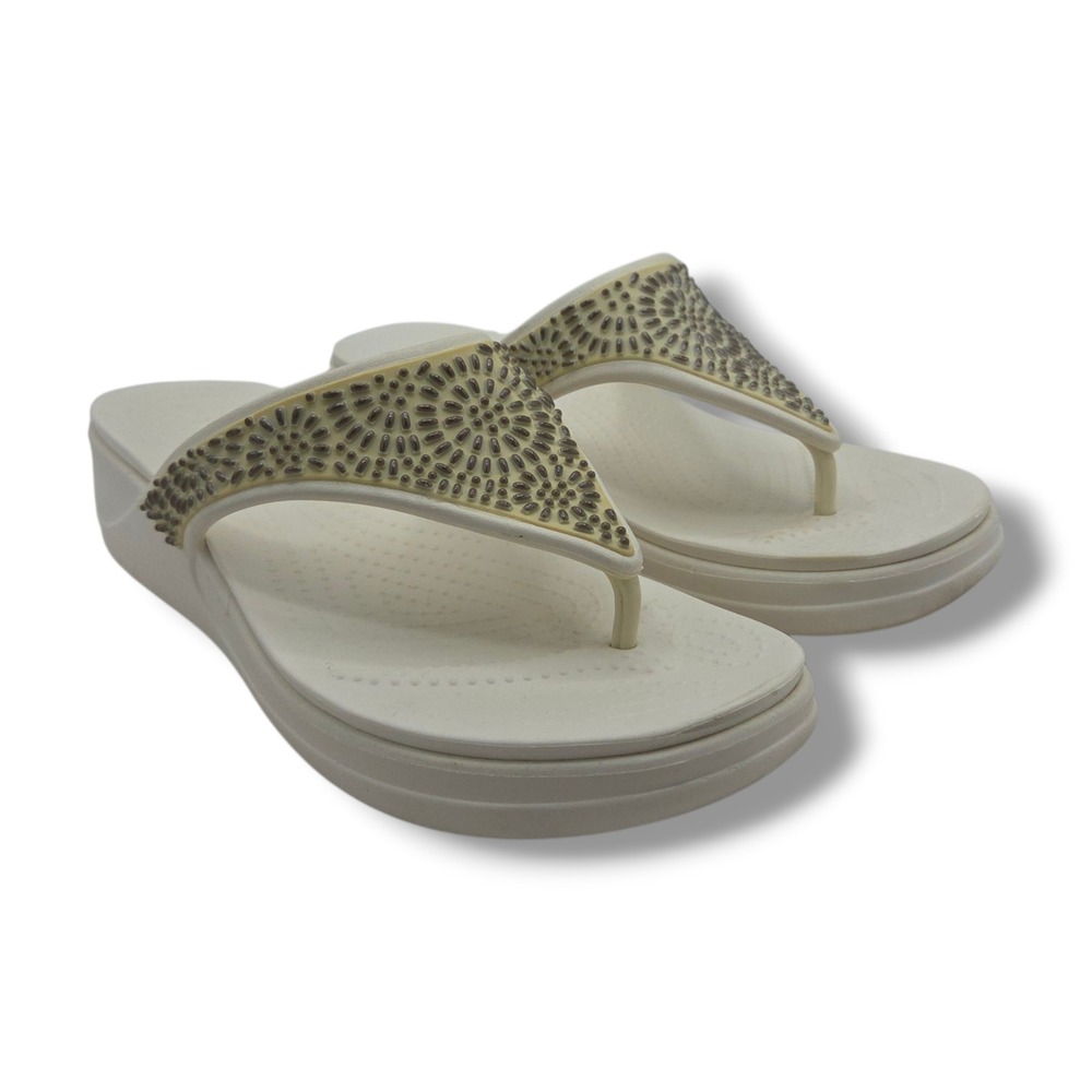 Crocs Diamente Wedge Womens 11 White Slip On Thong Sandals